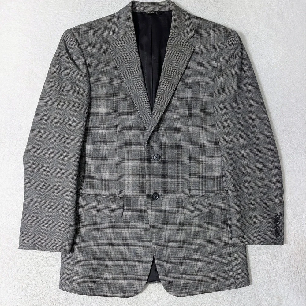 JoS A Bank Travelers Blazer Men 38R 100% Wool Houndstooth Plaid Gray Sports Coat